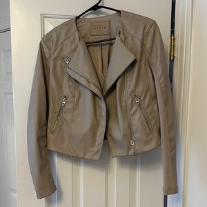 Taupe Leather Moto Jacket with Asymmetrical Zipper and Cropped Fit